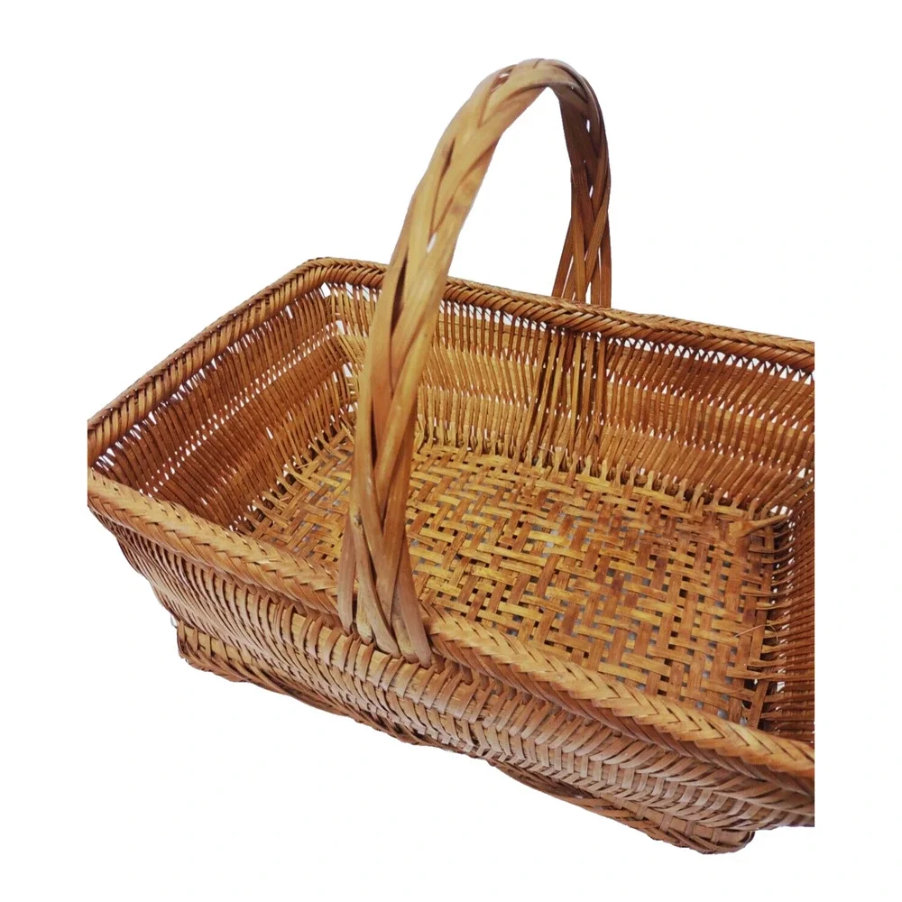 Antique Chinese Split Bamboo Handmade Woven Gathering Basket with Handle 14